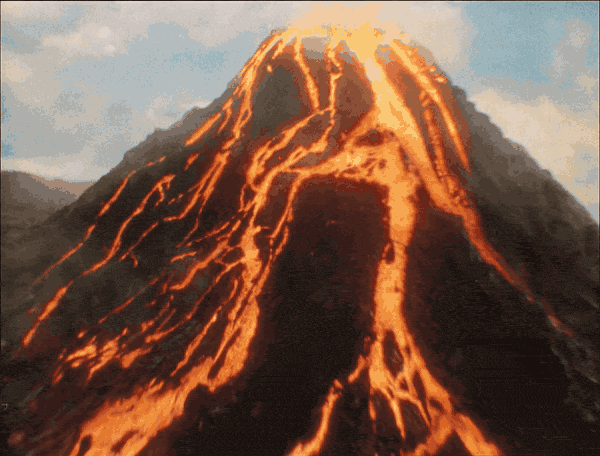 An erupting volcano with rivers of orange lava running down its slopes, from Absolut Tabasco's launch film