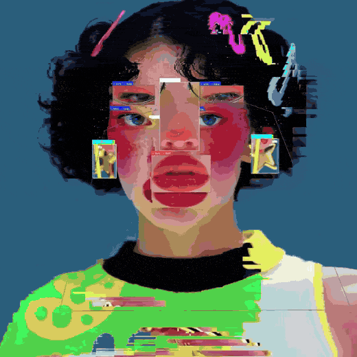 Glitching portrait: a face breaks into cut-out boxes of eyes and lips with tracking markers and saturated colour