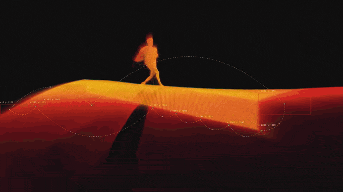 A sprinter made of glowing orange points running over a rendered track