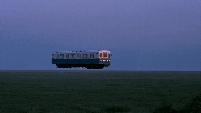 A metro carriage floating across a misty purple field at dusk