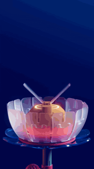 A vertical loop of a robot bee on a plastic flower, crackling with blue electricity