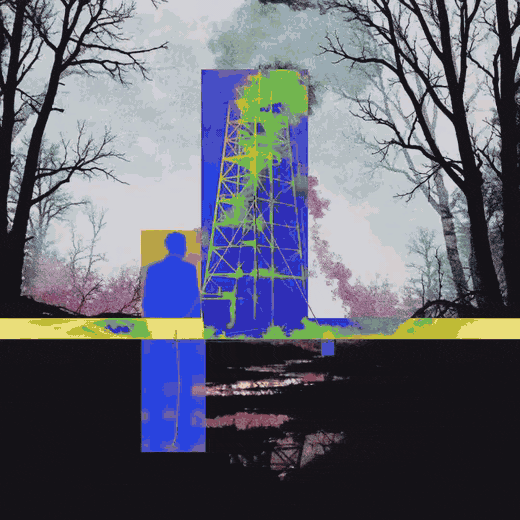 Mixed media animation: a burning radio tower in red and pink, figures in silhouette, tracking boxes over the frame