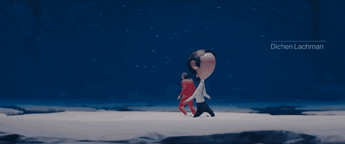 Cinemascope: tiny figures in red jumpsuits walk across a field of broken white ice in the Severance title sequence