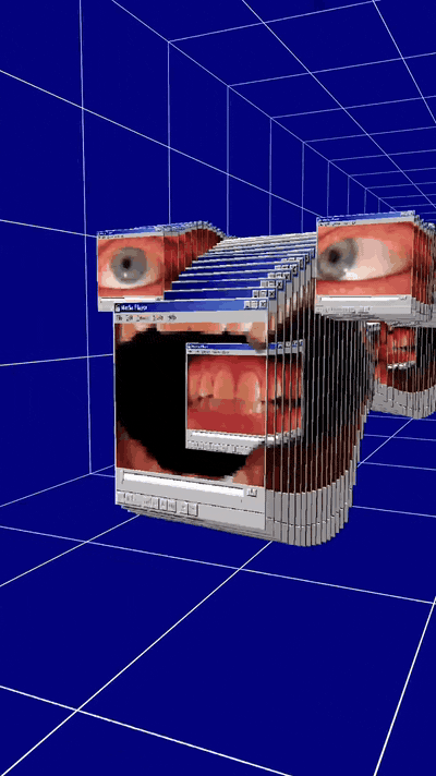 Portrait loop: stacked old desktop windows form a face with real eyes and a mouth, gliding over a blue 3D grid