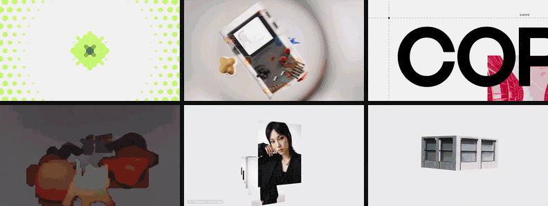 Six animation references playing at once: Oddfellows' Figma kaleidoscope, a spinning Game Boy, Kinisi's Copenhagen type, pixel icons and kinetic type collage