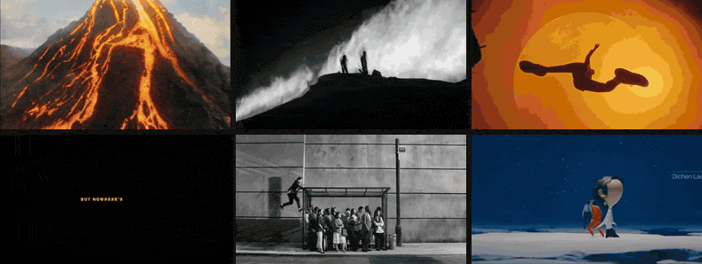 A moving moodboard of six cinematic references playing at once