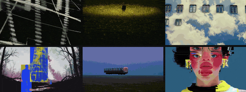 Six experimental references playing at once: concert lights, a spotlit sunflower field, a runner on a facade of sky, a burning radio tower, a floating metro carriage and a glitching portrait