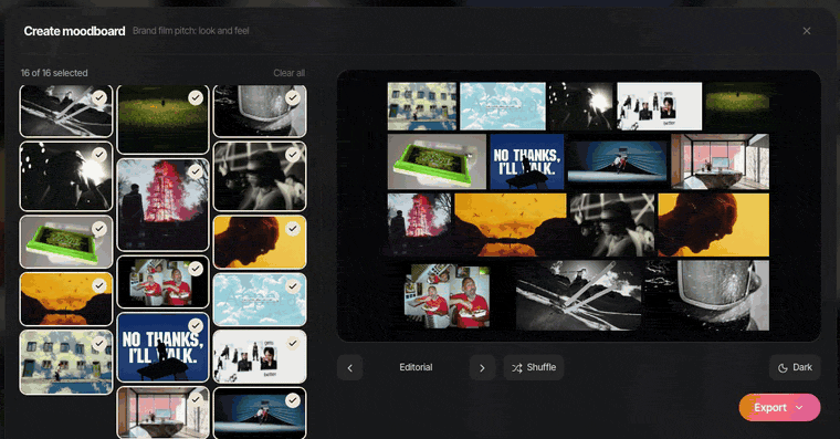 Spark's Create Moodboard cycling through layouts and opening the export menu