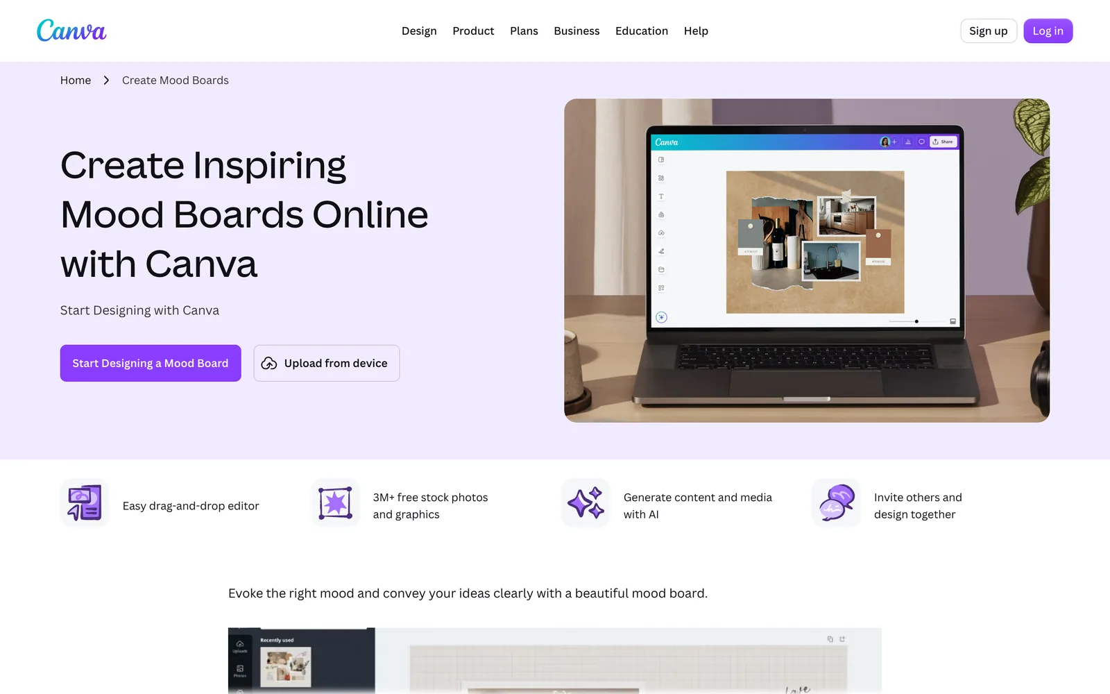 Canva's mood board maker page, with a board open in the editor on a laptop