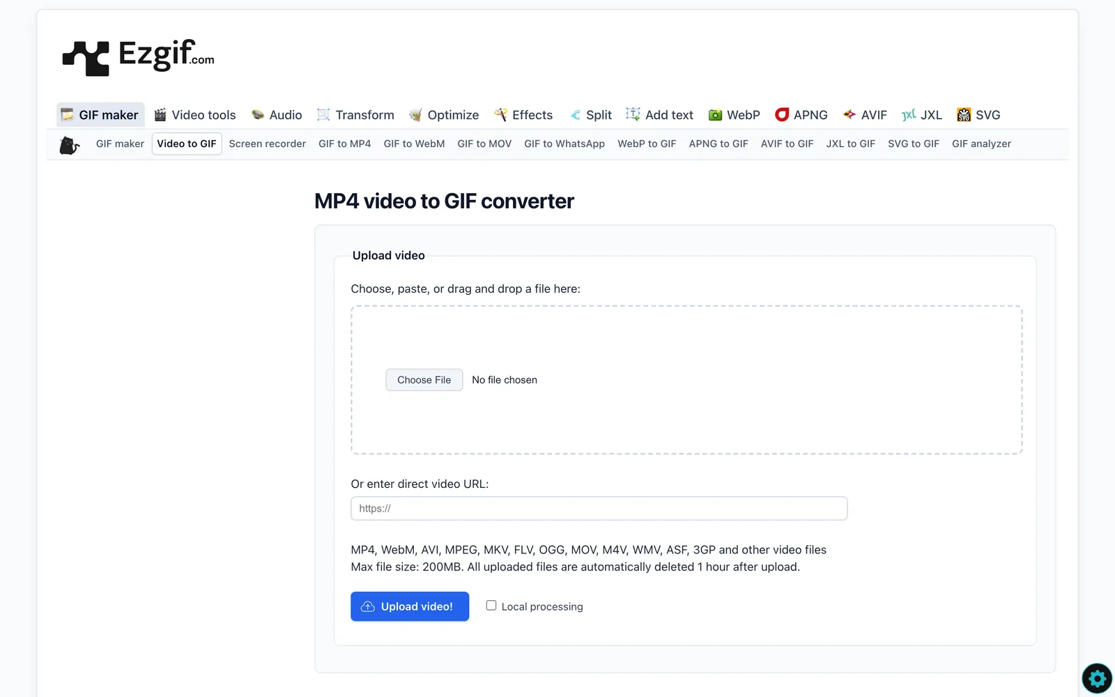 ezgif's video to GIF page with an upload box and a URL field
