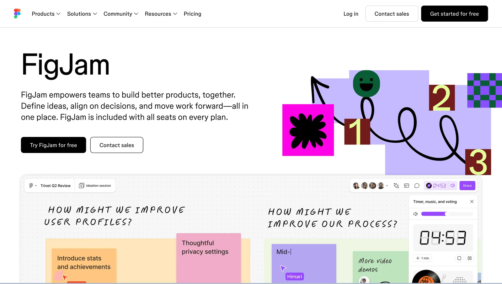 FigJam's homepage with sticky notes and a timer on its whiteboard