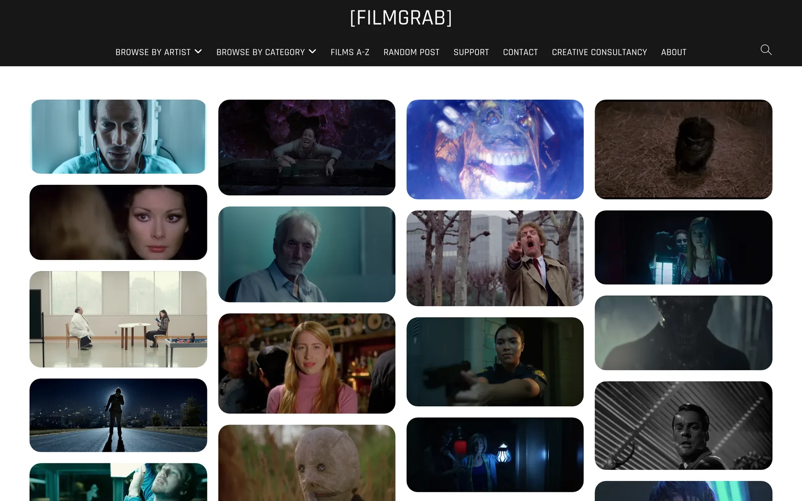 FILMGRAB's homepage, a grid of film stills