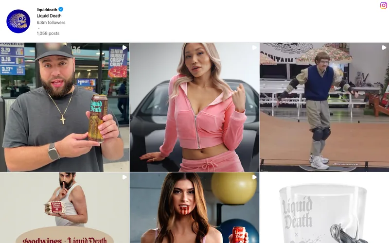 Liquid Death's public Instagram profile, a grid of creator style posts with people holding the can