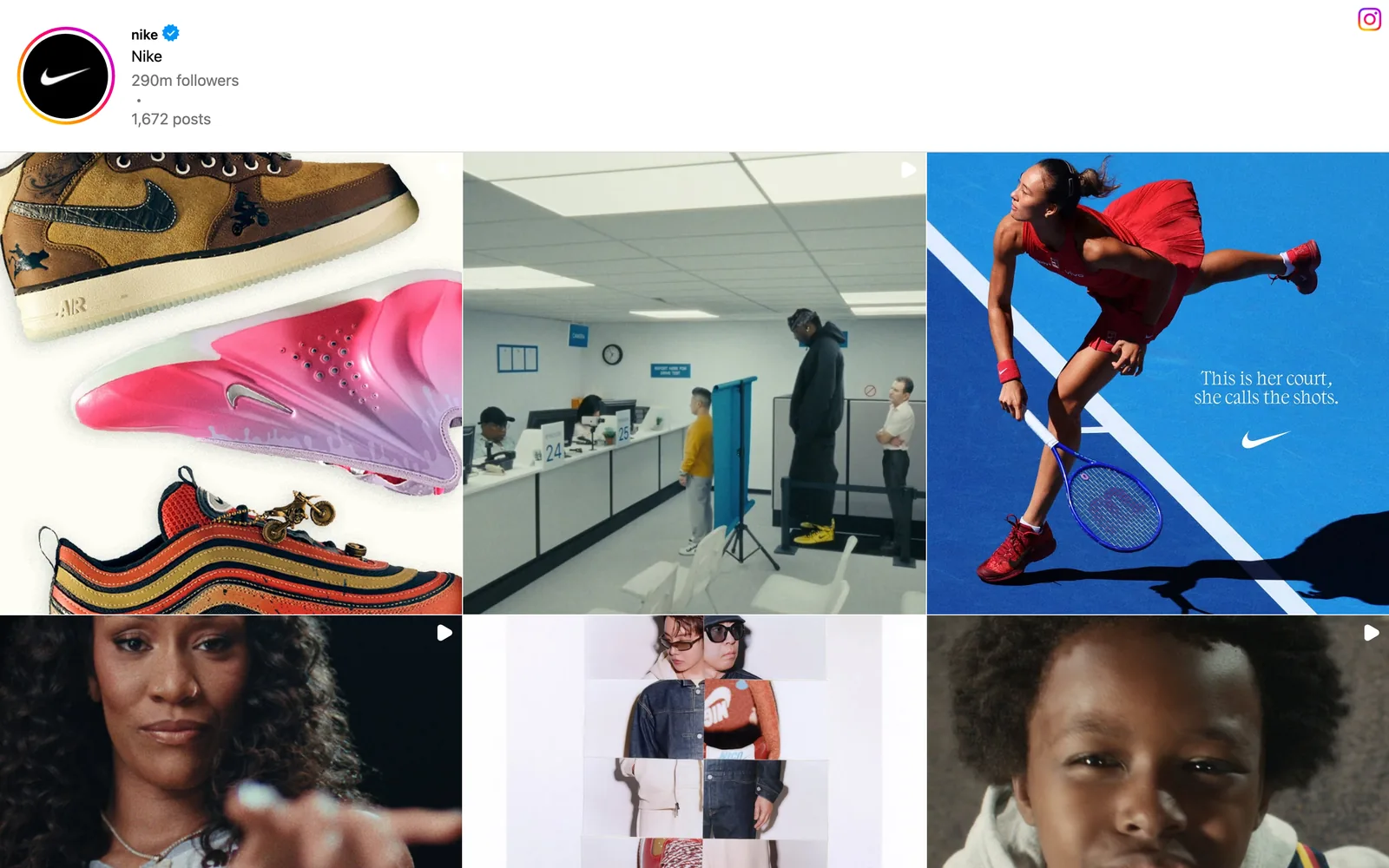Nike's public Instagram profile, a grid of recent posts
