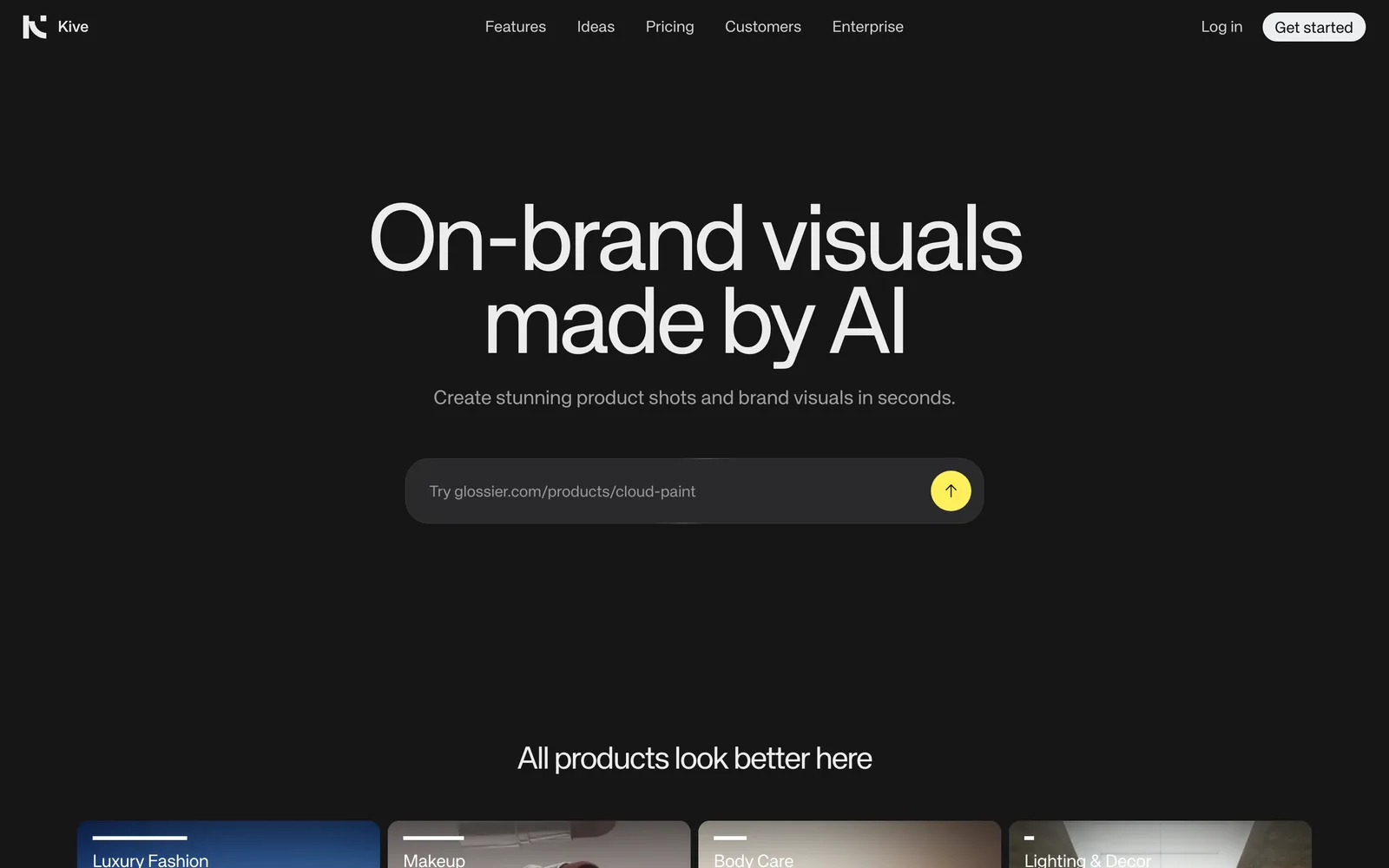 Kive's homepage in 2026, selling AI product visuals
