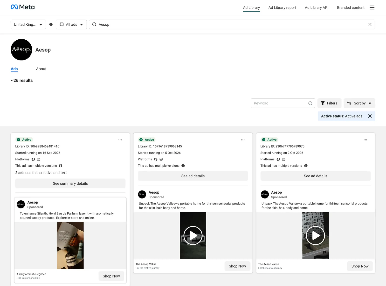 Aesop's page in the Meta Ad Library: about 26 active ads, mostly short vertical videos
