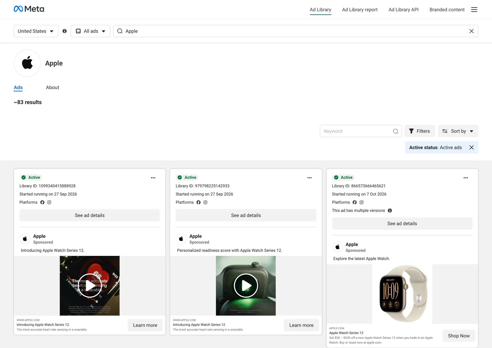 Apple's page in the Meta Ad Library: Apple Watch Series 12 launch ads