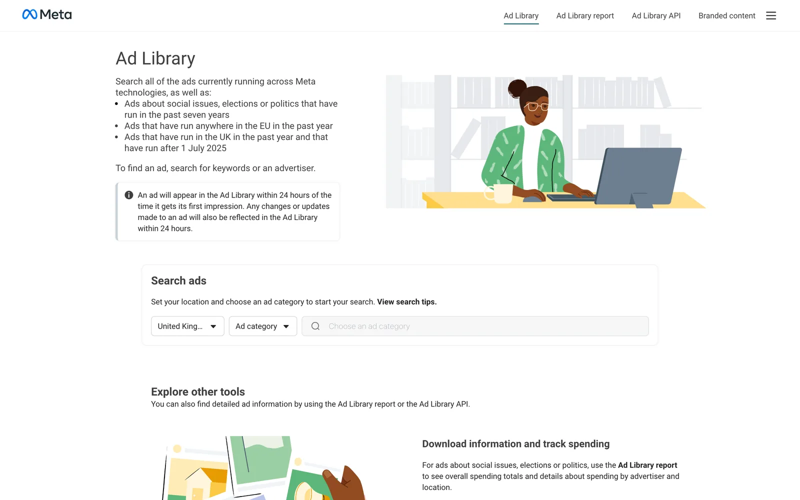 The Meta Ad Library landing page, with a country picker, an ad category and a search box