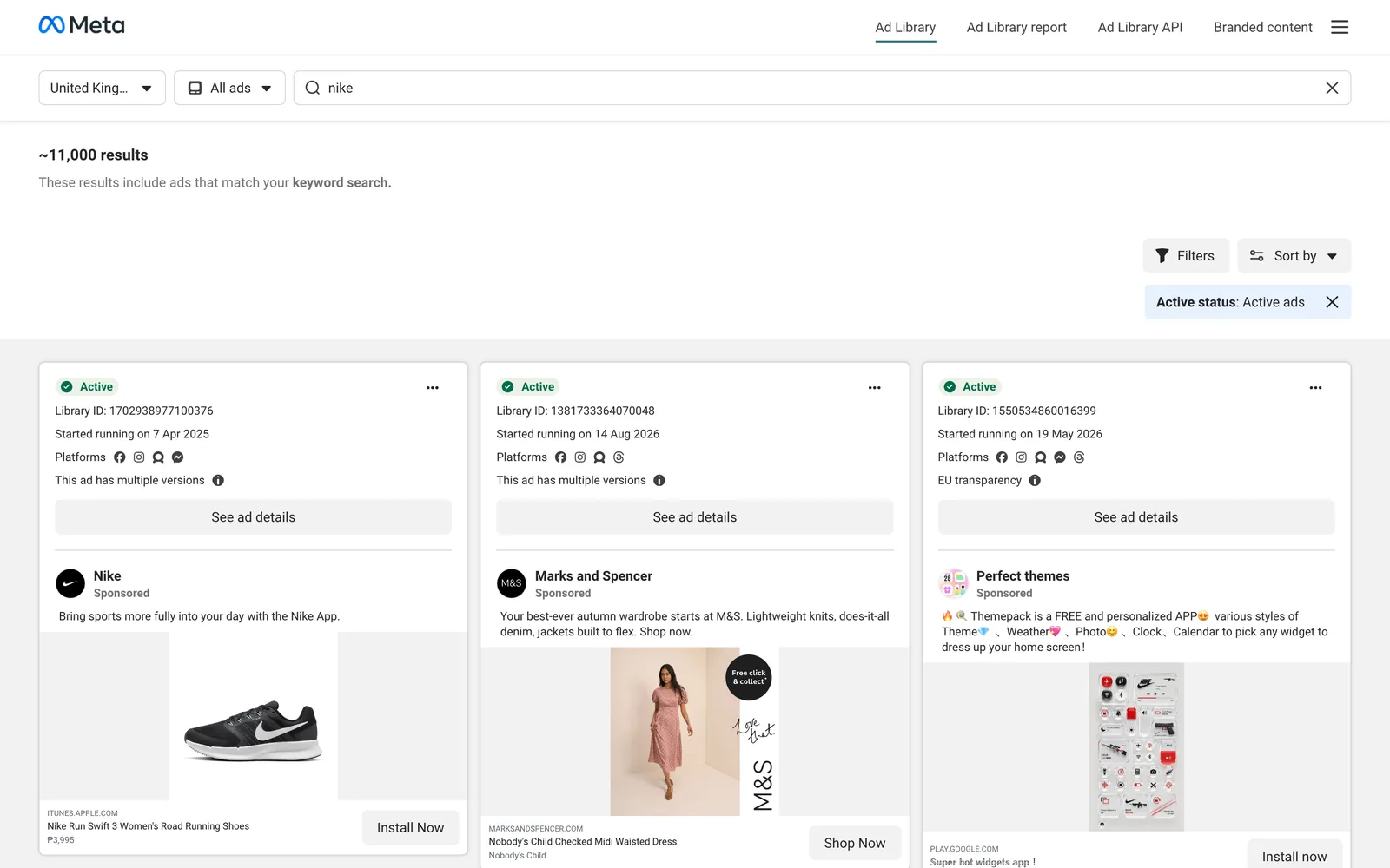A keyword search for nike: about 11,000 results, including Marks and Spencer and an app