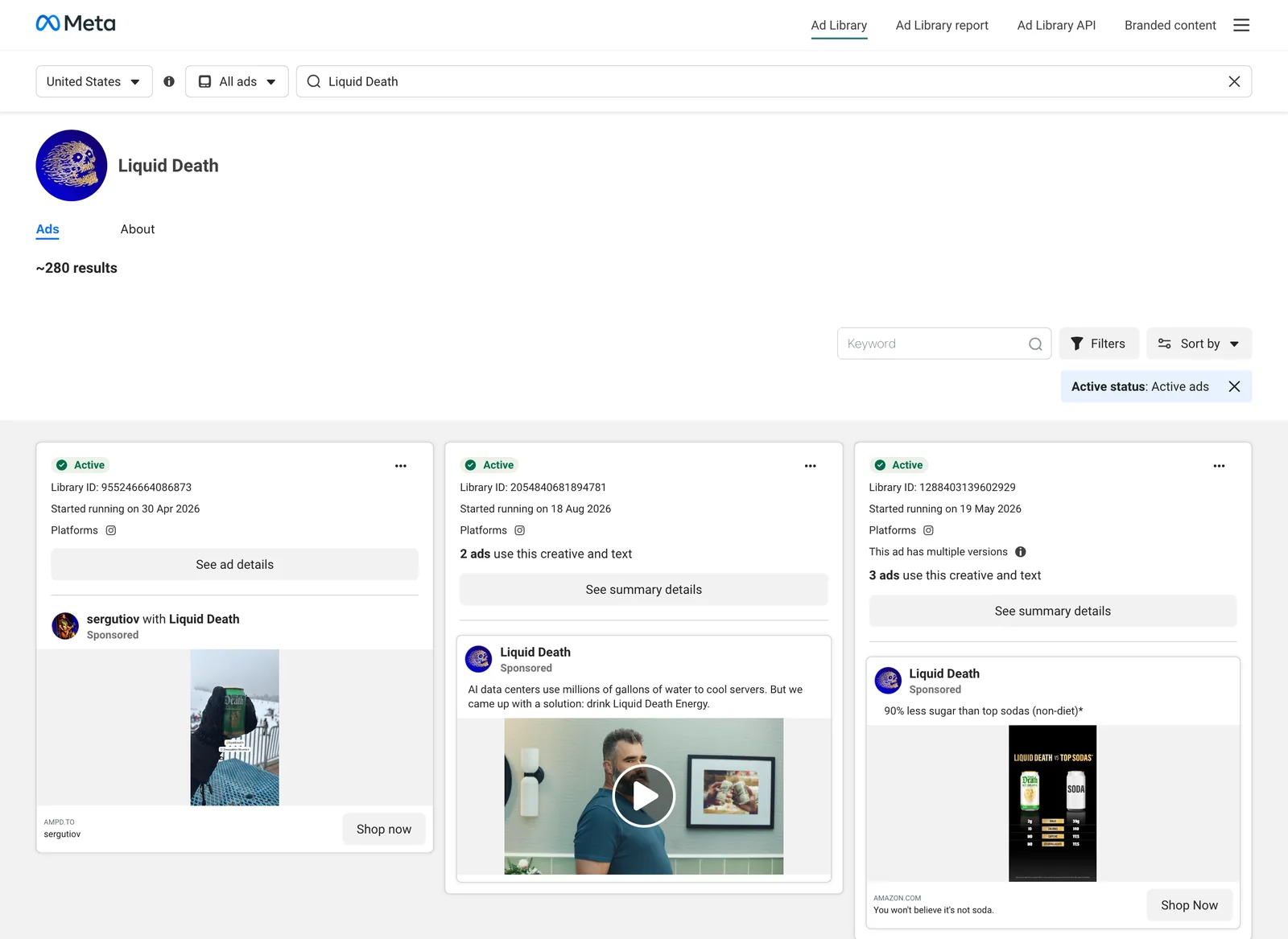 Liquid Death's page in the Meta Ad Library (US): about 280 active ads, including creator partnership ads