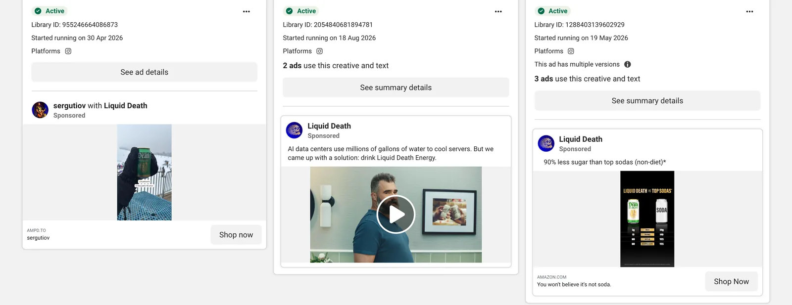 Three Liquid Death ads: a creator partnership post, a talking head video and a product still