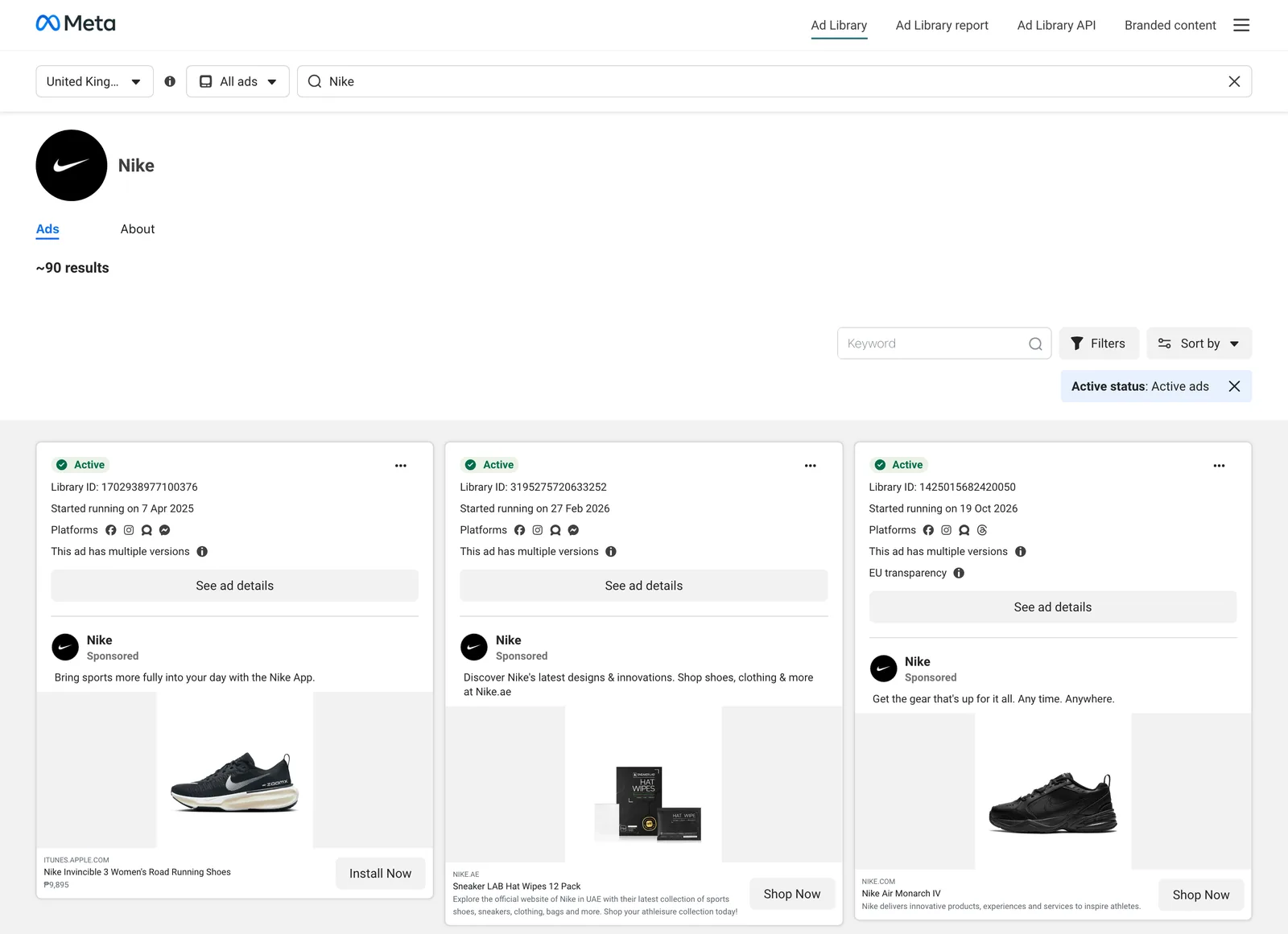 Nike's own page in the Meta Ad Library: about 90 active ads