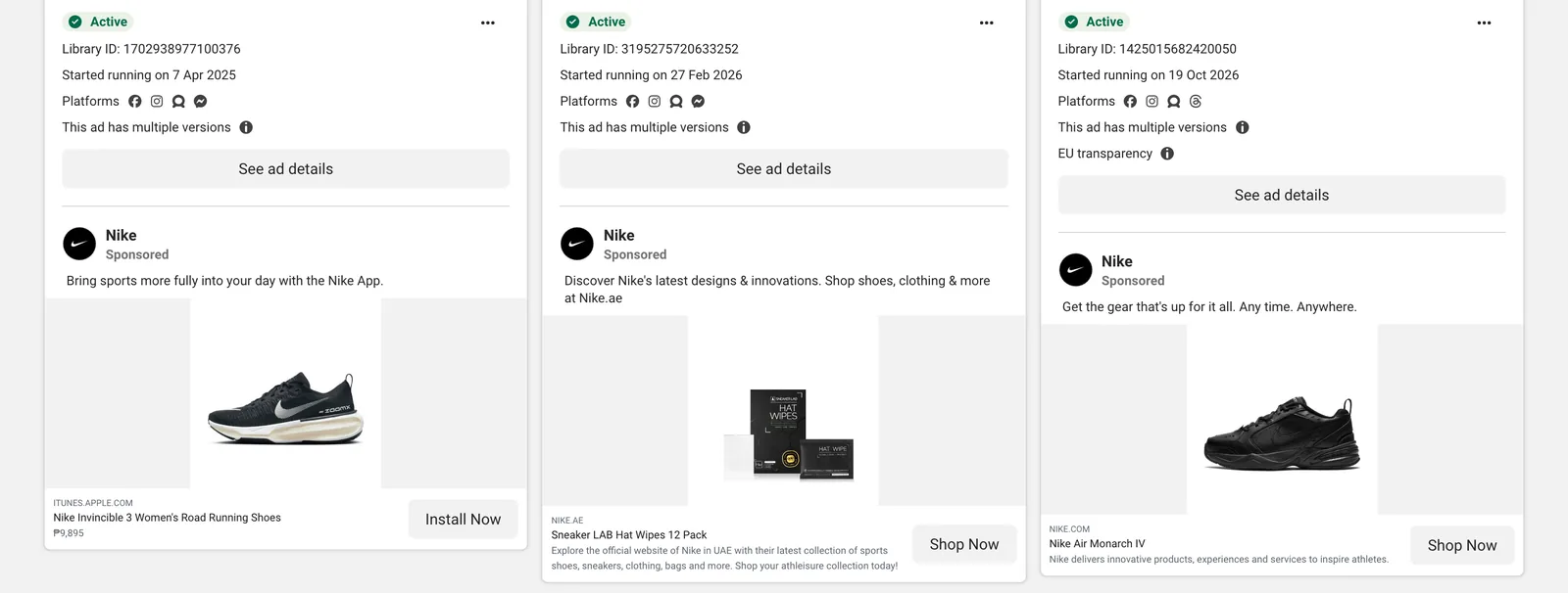 Three of Nike's active ads in the Meta Ad Library, each card showing its Library ID, start date, platforms and creative