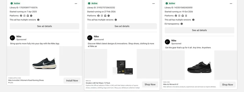 Three of Nike's active ads in the Meta Ad Library, each card showing its Library ID, start date, platforms and creative