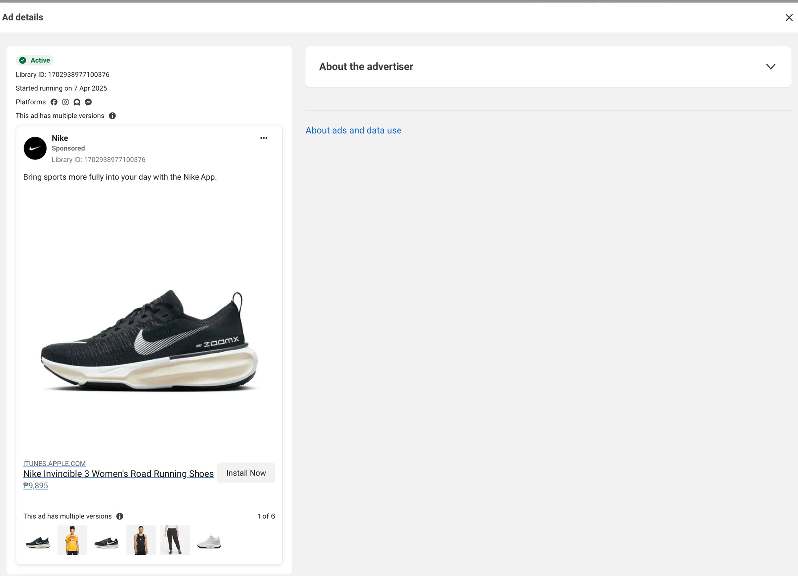 One Nike ad opened in the Ad Library, showing its creative and six versions underneath
