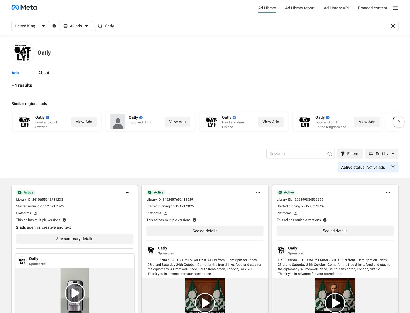 Oatly's page in the Meta Ad Library with its other regional pages listed above the ads