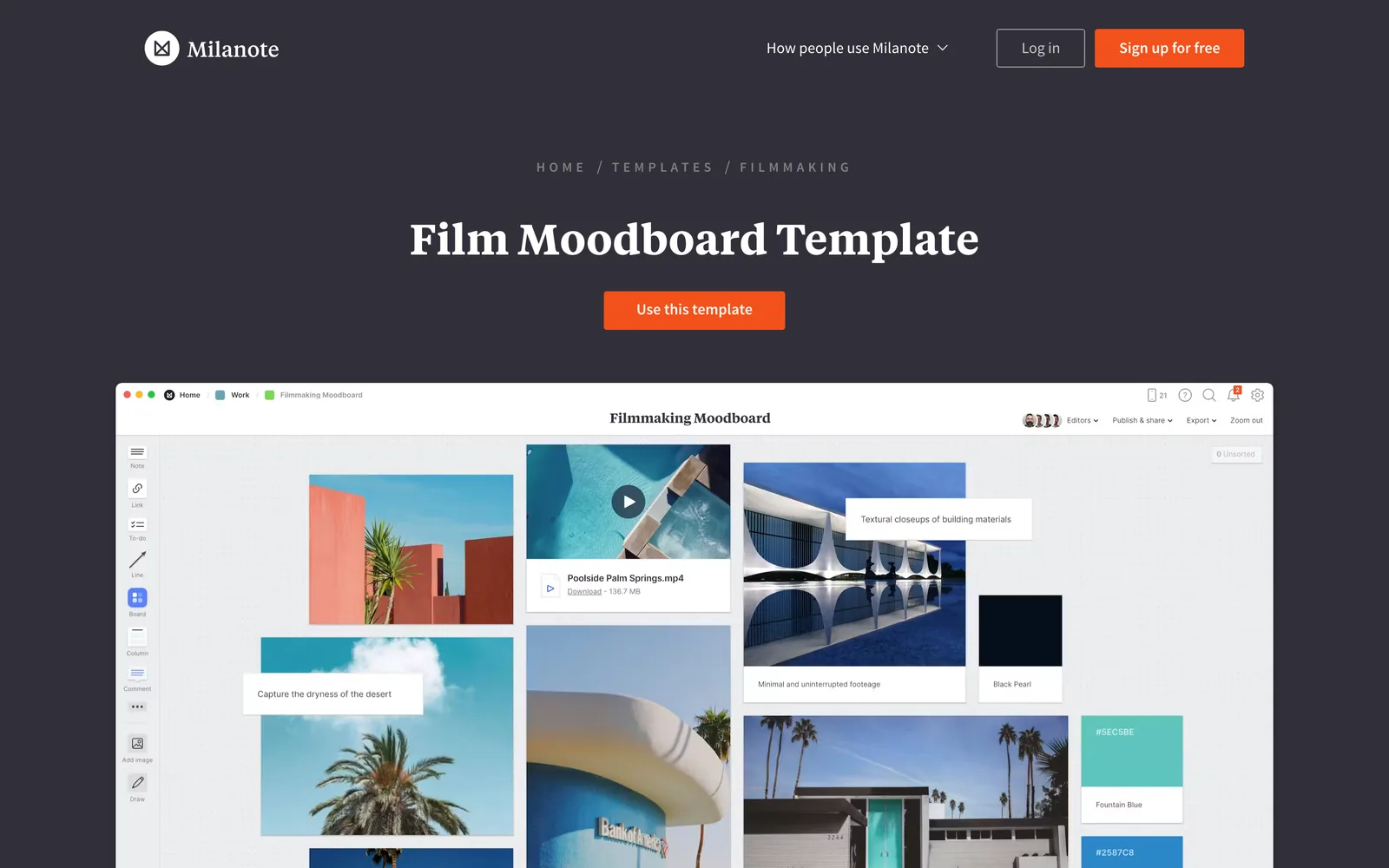 Milanote's film moodboard template, with architecture and palm tree references and notes