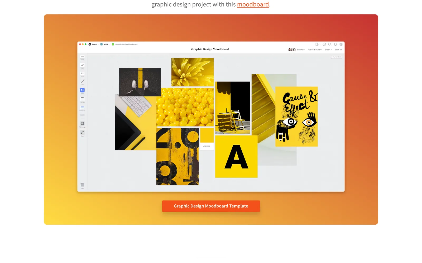 Milanote's moodboard templates page with a yellow graphic design board