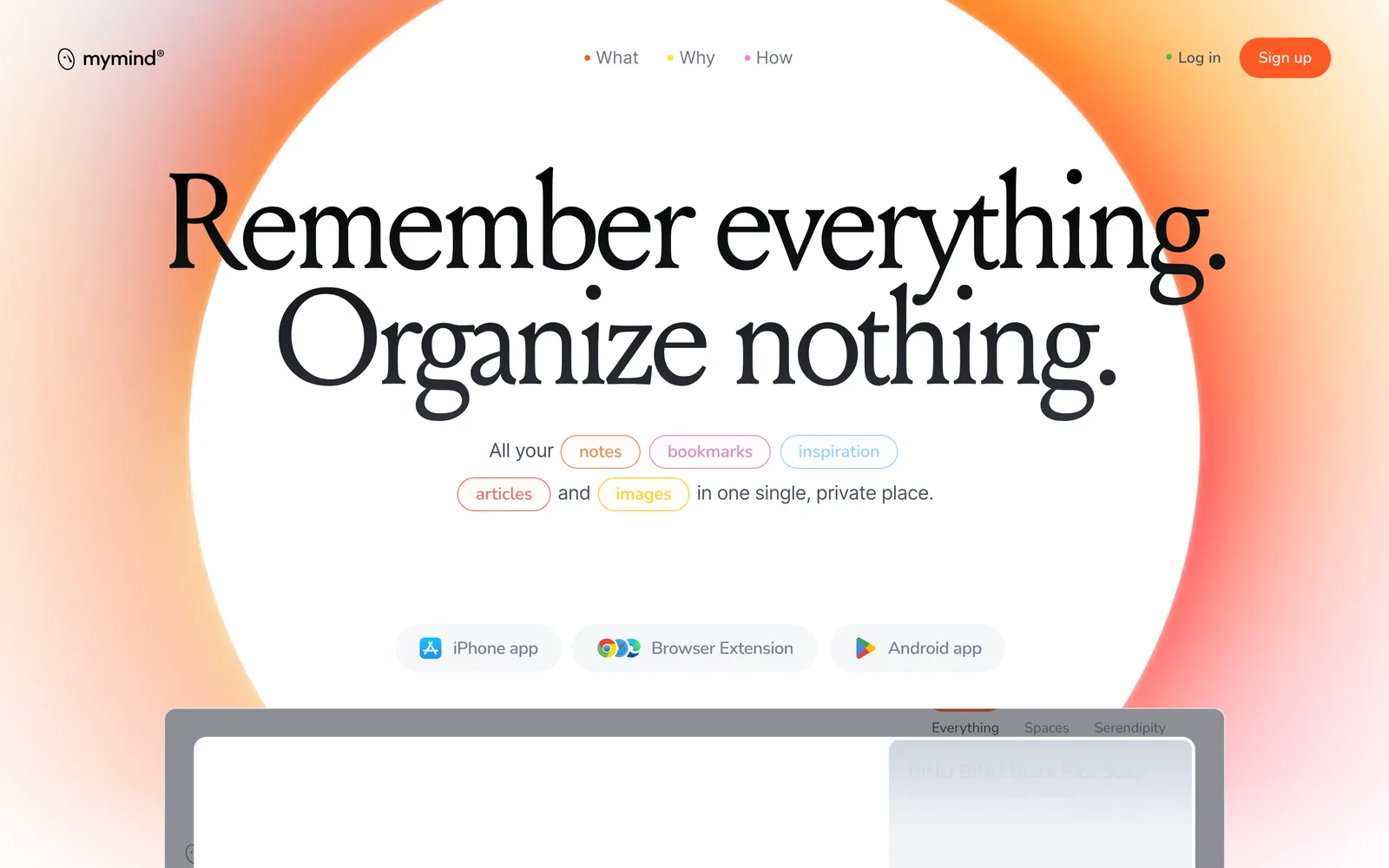 mymind's homepage: remember everything, organise nothing