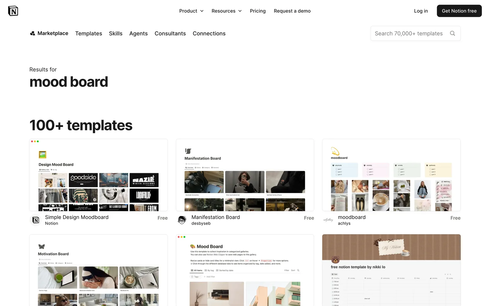 Notion's template gallery searched for mood board