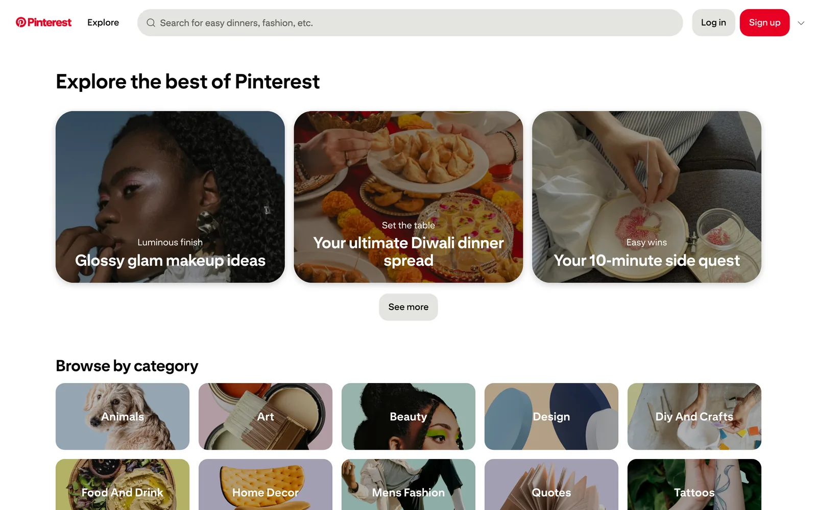 Pinterest's Explore page signed out, with featured idea boards and category tiles