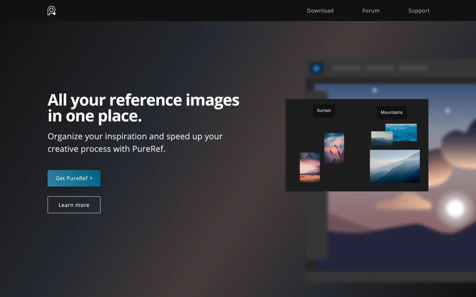 PureRef's homepage, with reference images floating on a dark canvas