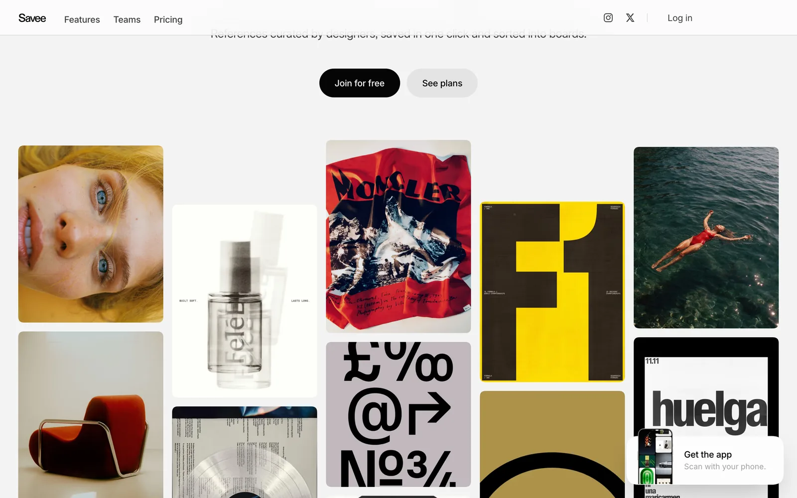 Savee's homepage, a wall of design and photography references