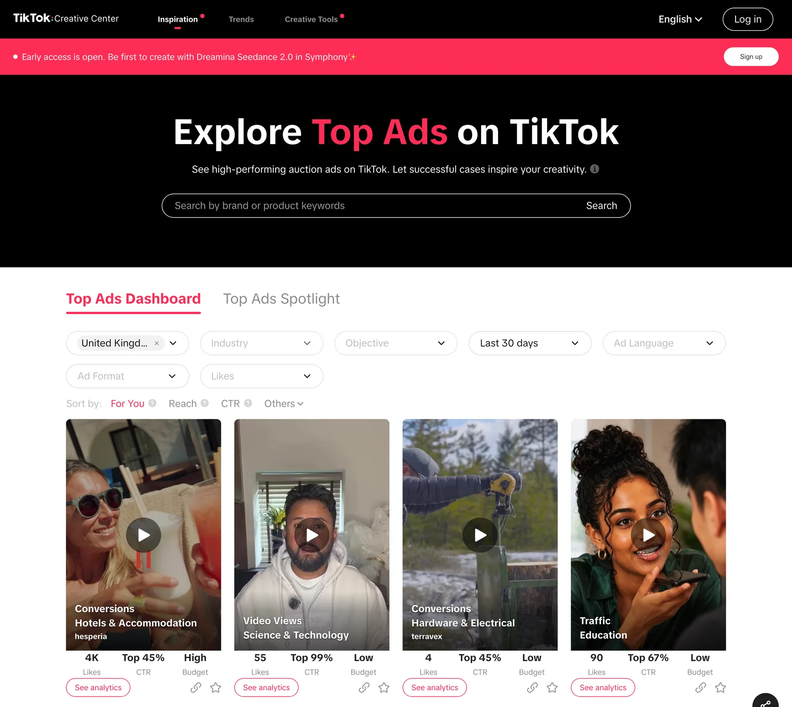 TikTok Creative Center's Top Ads dashboard, with likes, CTR and budget under each ad