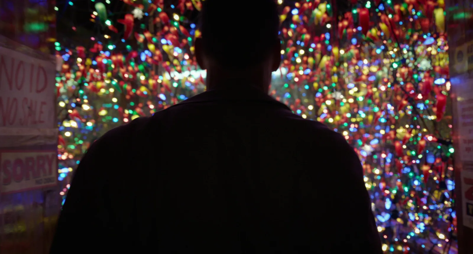 A figure in silhouette in front of a wall of coloured fairy lights, from Birdman