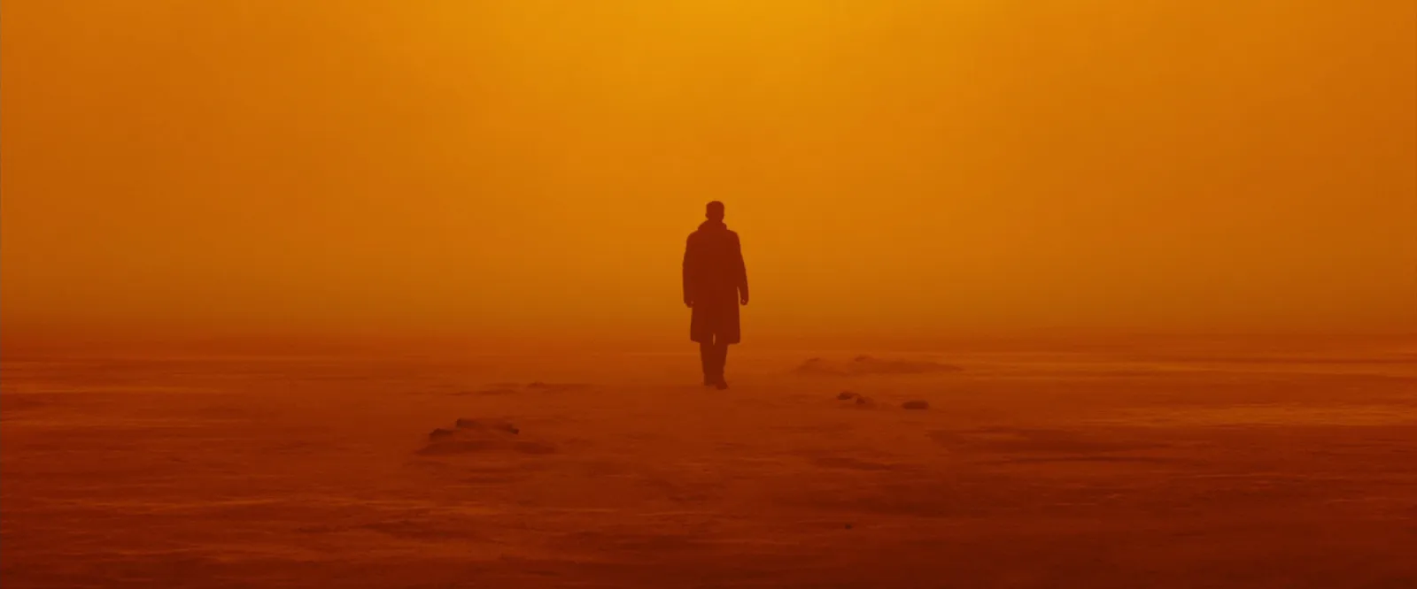 A lone figure walking into a vast orange dust storm, the whole frame in monochrome amber