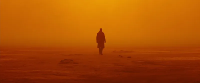 A lone figure walking into a vast orange dust storm, the whole frame in monochrome amber