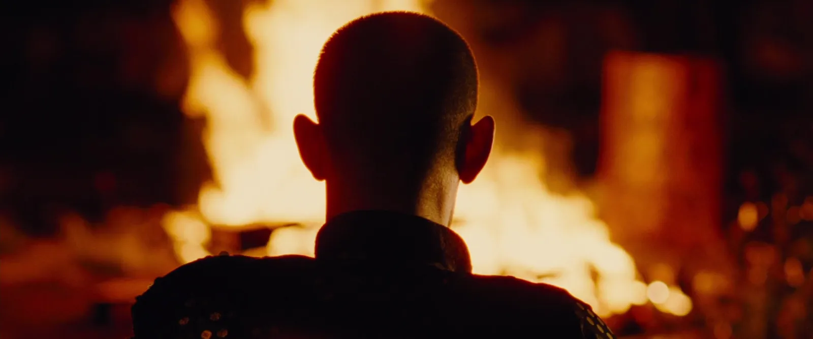 A shaved head silhouetted against a roaring bonfire, black and orange