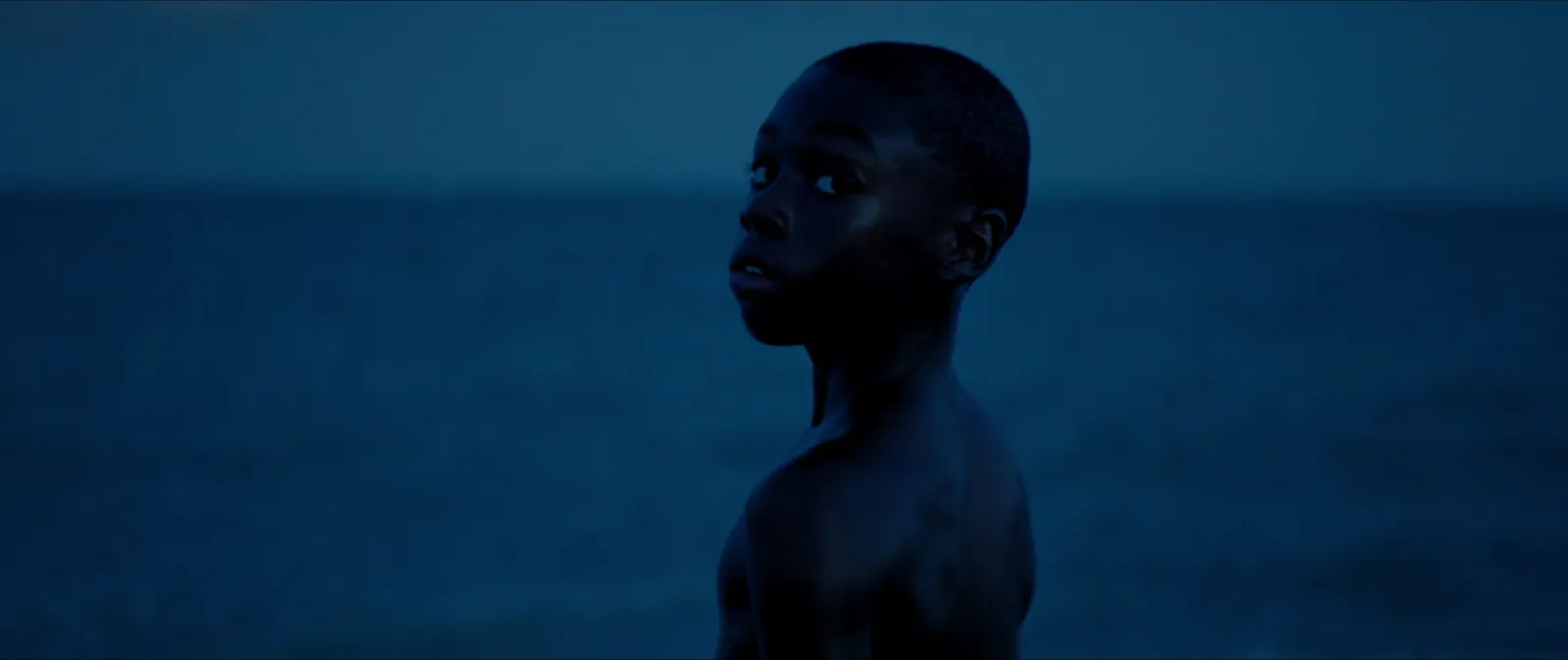 A silhouette standing against a deep blue sea