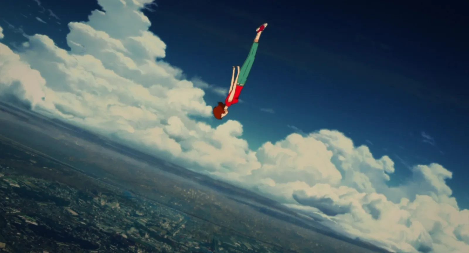 A tiny figure flying through a tilted sky of white clouds above a city, from the anime Paprika