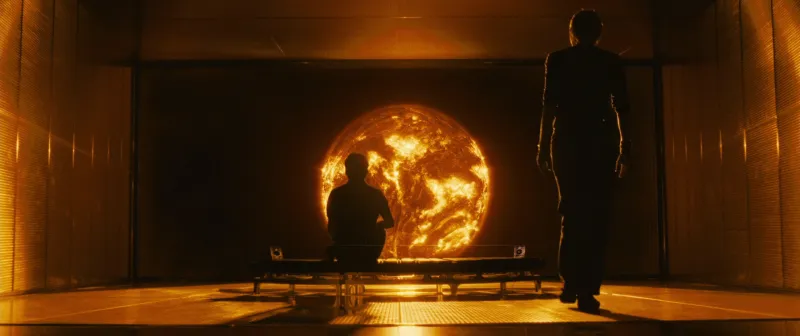 A man sitting before a huge screen showing the burning sun, in a gold-panelled room with another figure standing behind