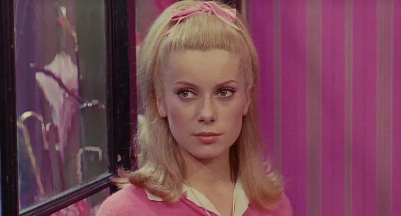 A woman in pink standing against pink striped wallpaper