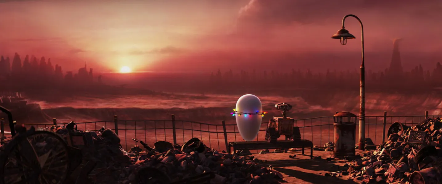 Two small robots on a junkyard ledge watching a red sunset beside a street lamp