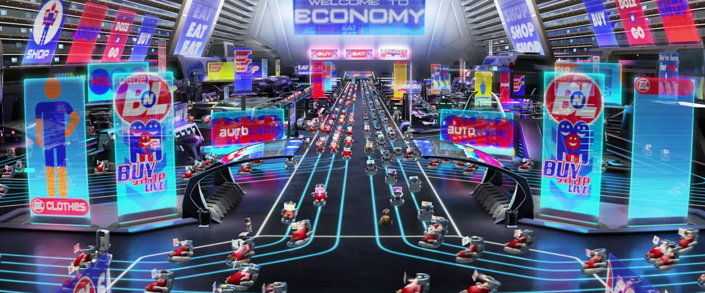 A neon shopping concourse of floating chairs, glowing signs and lanes of light, from WALL-E