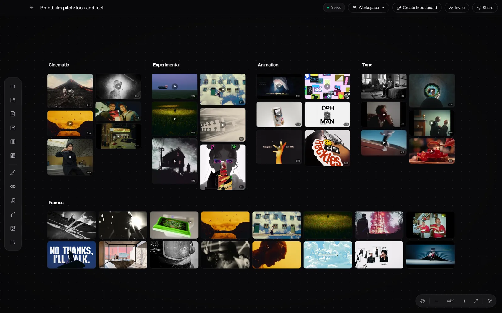 A Spark board for a brand film pitch with columns of references and a row of frames