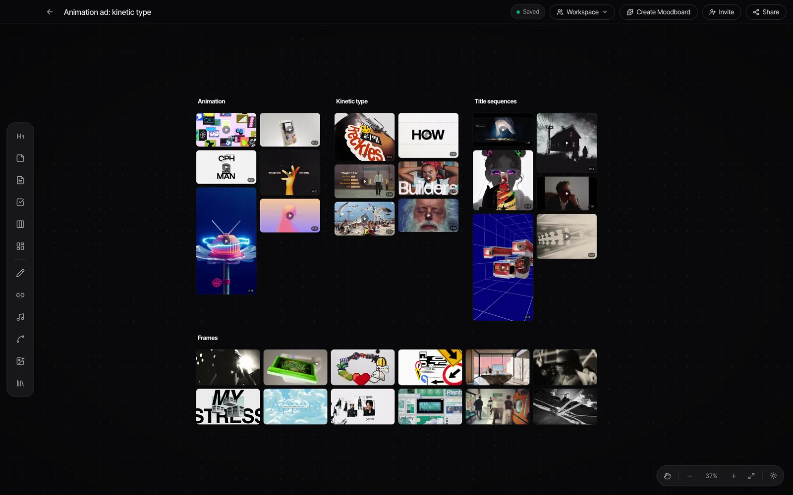 A Spark board for an animation ad with kinetic type and title sequence references